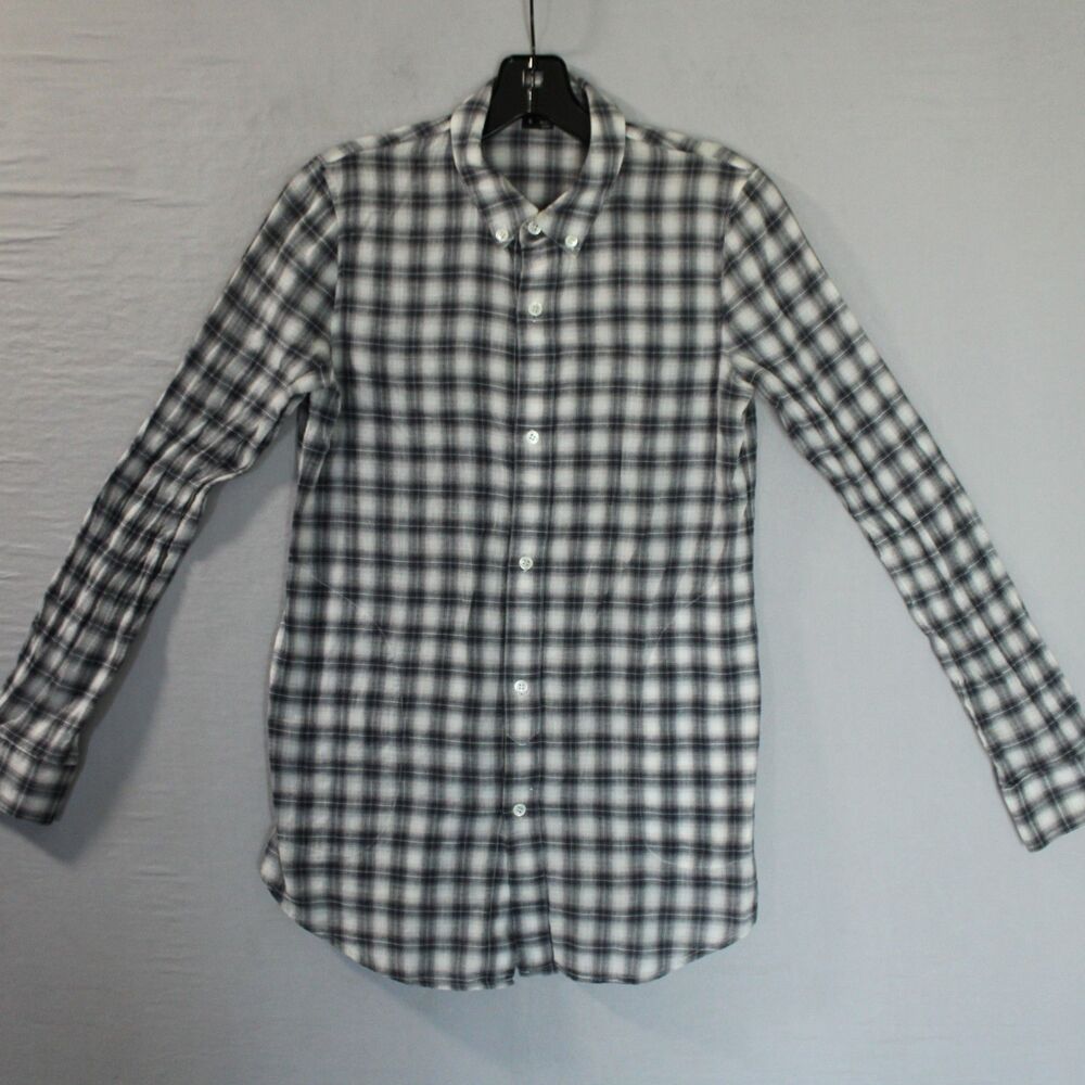 Theory Mens Cotton Plaid Collared Long Sleeve Button Up Shirt Black Gray Small